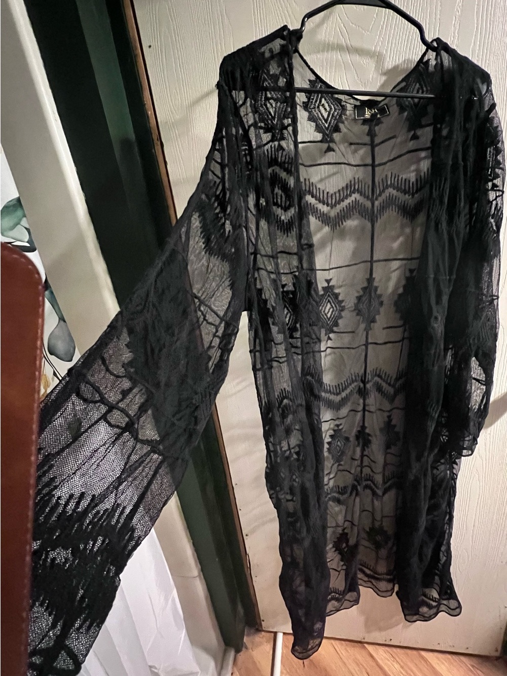 L&B Black Sheer Embroidered Kimono Robe